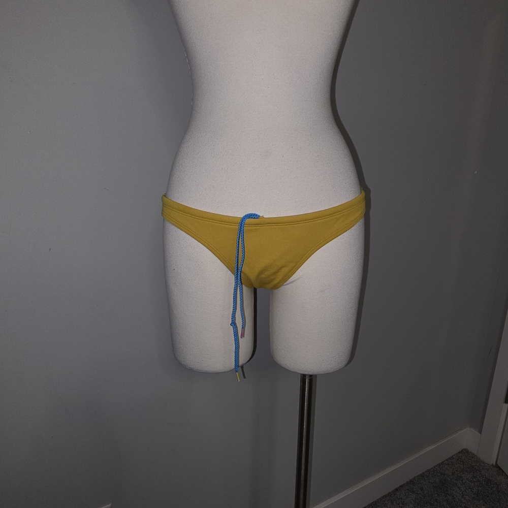 Jolyn Clothing MIDL Yellow Active Bikini Bottom Black Logo Patch Drawstring Sz S